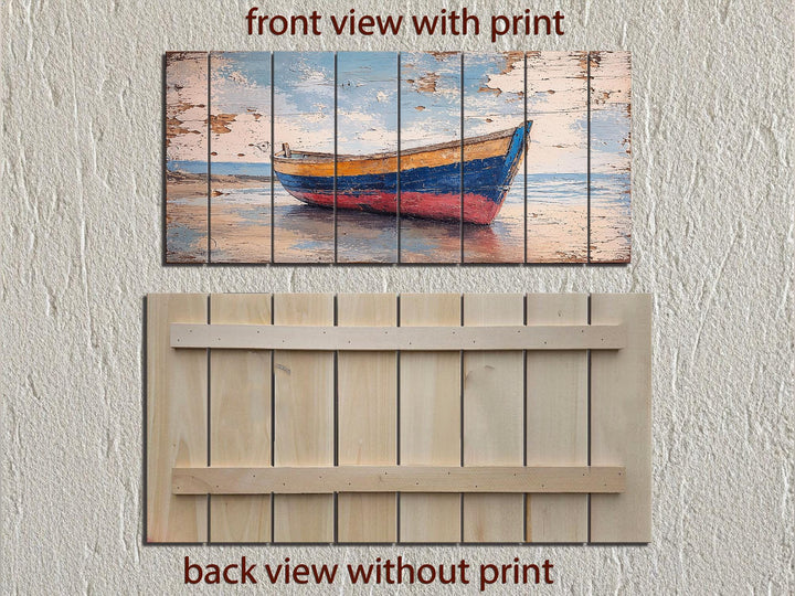 Distressed wood wall art of a colorful rowboat on a shore, showing front print and back structure.