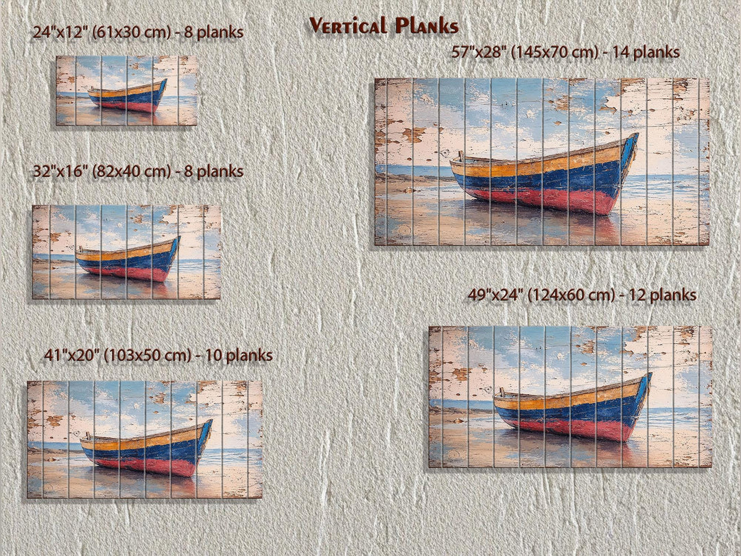 Distressed wood wall art of a colorful rowboat on a shore, shown in five vertical plank sizes.