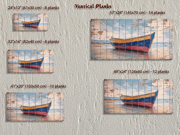Distressed wood wall art of a colorful rowboat on a shore, shown in five vertical plank sizes.