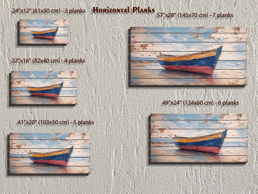 Old wooden rowboat wall art in five sizes, showing horizontal planks and distressed beach decor.