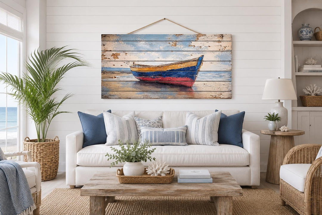 Distressed wood wall art of a colorful rowboat on a shore, hanging in a coastal living room.