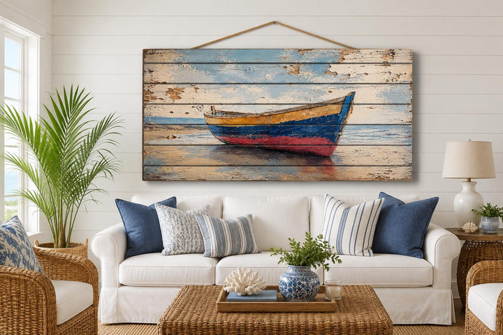 Distressed wood wall art of a colorful rowboat on a shore, hanging in a coastal living room.
