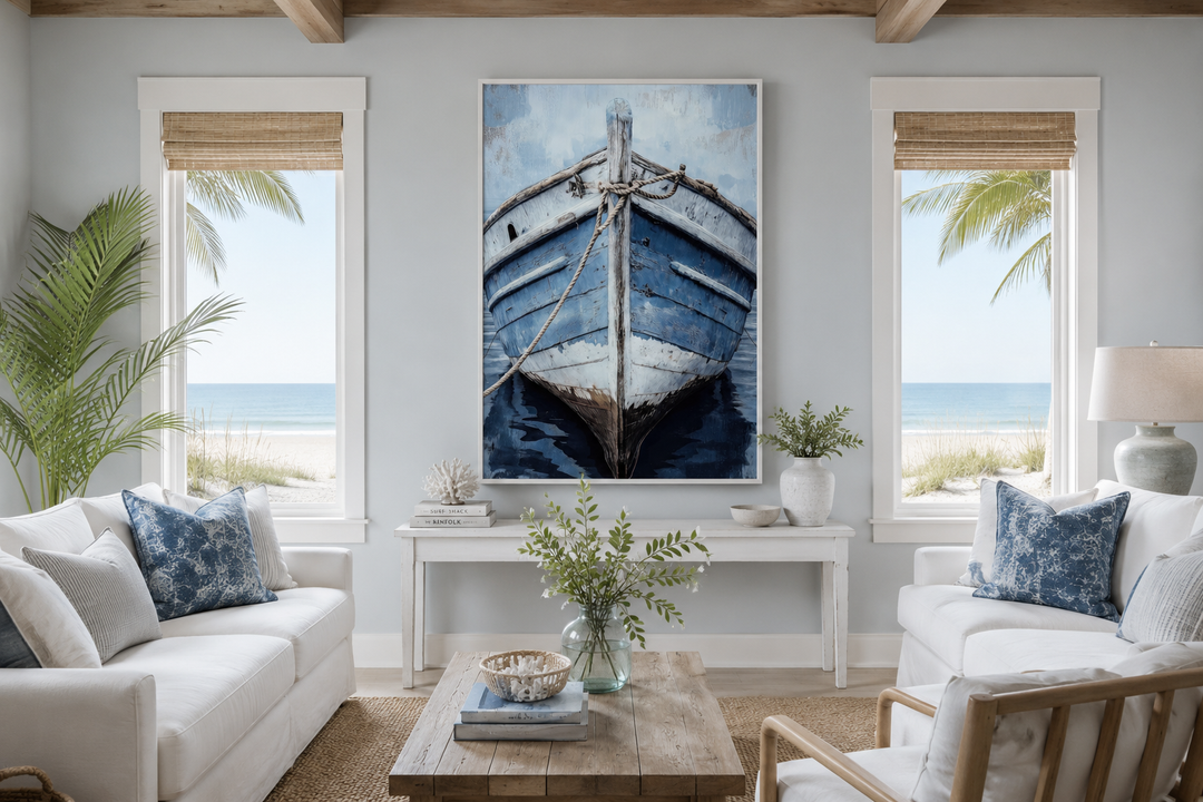 Vertical canvas wall art of a weathered blue rustic boat close-up in a coastal living room.