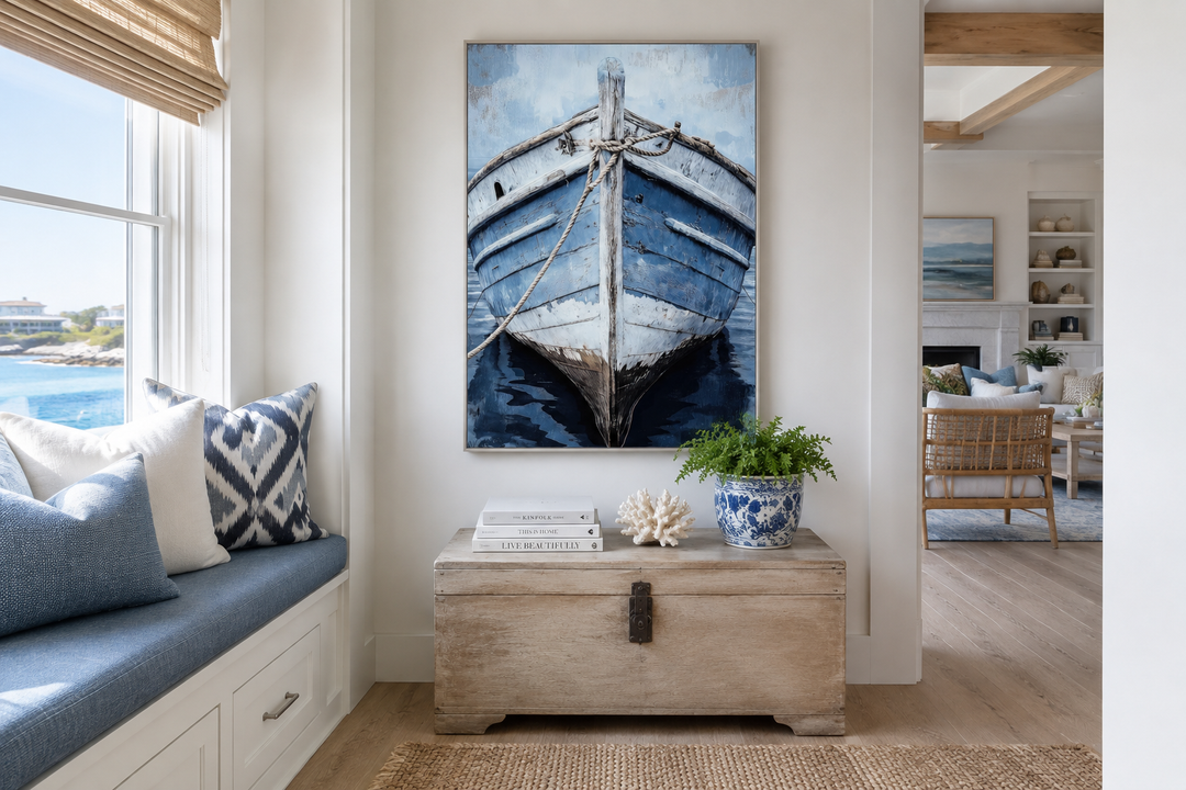 Vertical canvas wall art of a weathered blue boat bow, displayed in a coastal-style room.