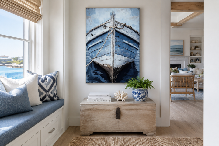 Vertical canvas wall art of a weathered blue boat bow, displayed in a coastal-style room.