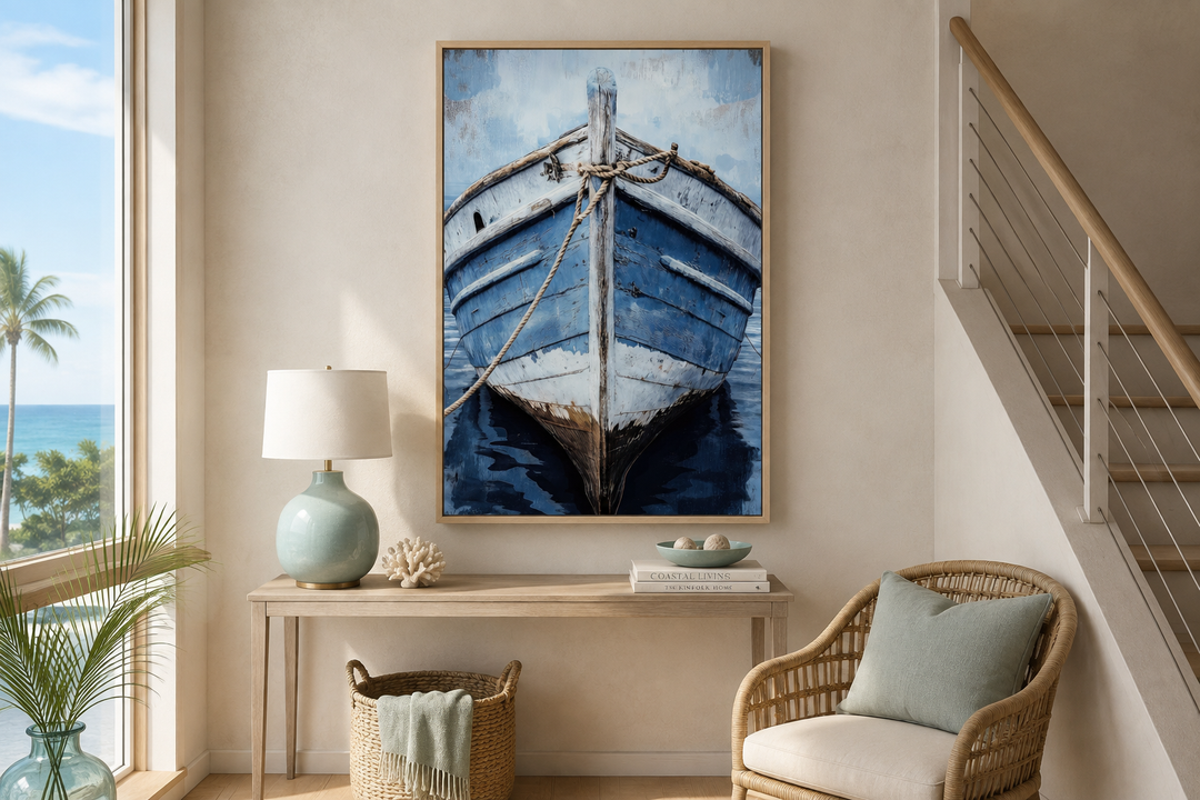 Vertical canvas wall art of a close-up, weathered blue rustic boat in a coastal living room.