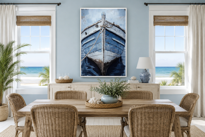 Old blue rustic boat close-up vertical canvas wall art in a coastal-themed dining room.