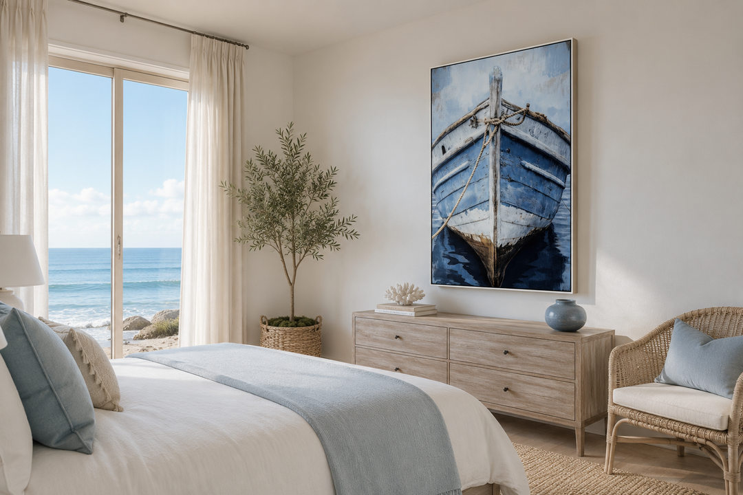 Vertical canvas wall art of a close-up, weathered blue rustic boat in a coastal bedroom setting.