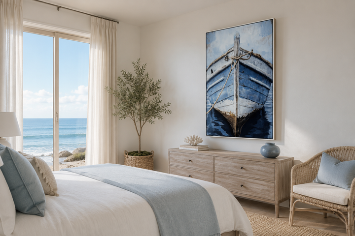 Vertical canvas wall art of a close-up, weathered blue rustic boat in a coastal bedroom setting.