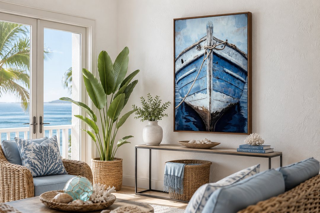 Vertical canvas wall art of a close-up rustic blue boat in a coastal living room setting.