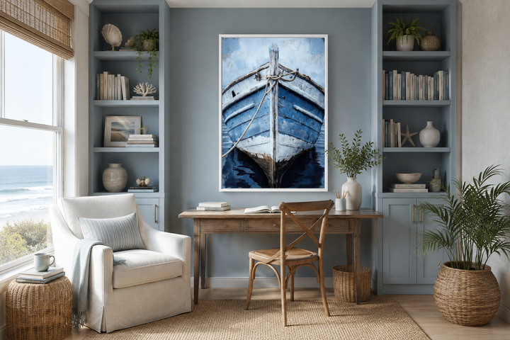 Vertical canvas wall art of a close-up, rustic blue boat in a coastal-themed home office.
