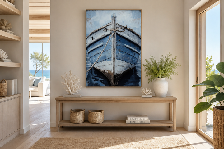 Vertical canvas wall art of a weathered blue rustic boat close-up in a coastal entryway.