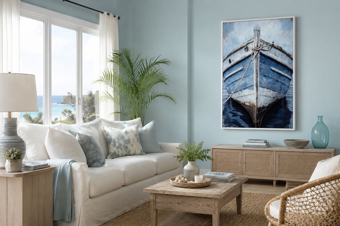 Old Blue Rustic Boat Close Up Vertical Canvas Wall Art hanging in a coastal-style living room.