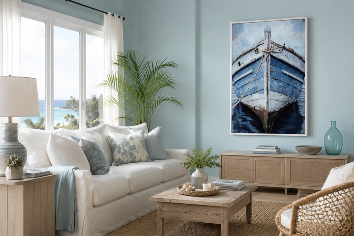 Old Blue Rustic Boat Close Up Vertical Canvas Wall Art hanging in a coastal-style living room.