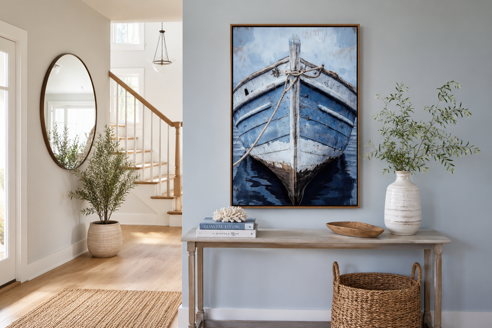 Old Blue Rustic Boat Close Up Vertical Canvas Wall Art hanging in a coastal-style entryway.