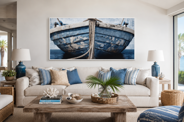 Rustic blue and white boat nautical framed canvas wall art above a sofa in a coastal living room.