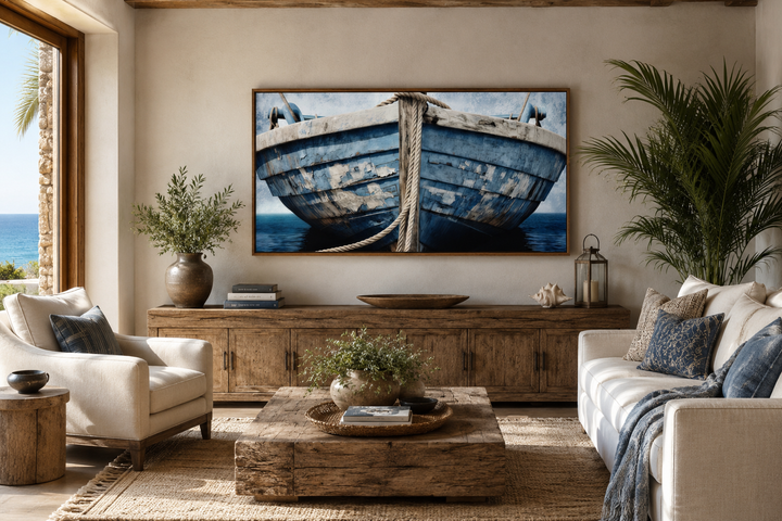 Rustic framed canvas wall art featuring a close-up of a weathered blue and white boat.