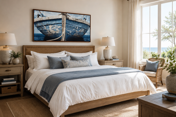 Rustic blue and white boat nautical framed canvas wall art hanging above a bed in a coastal bedroom.