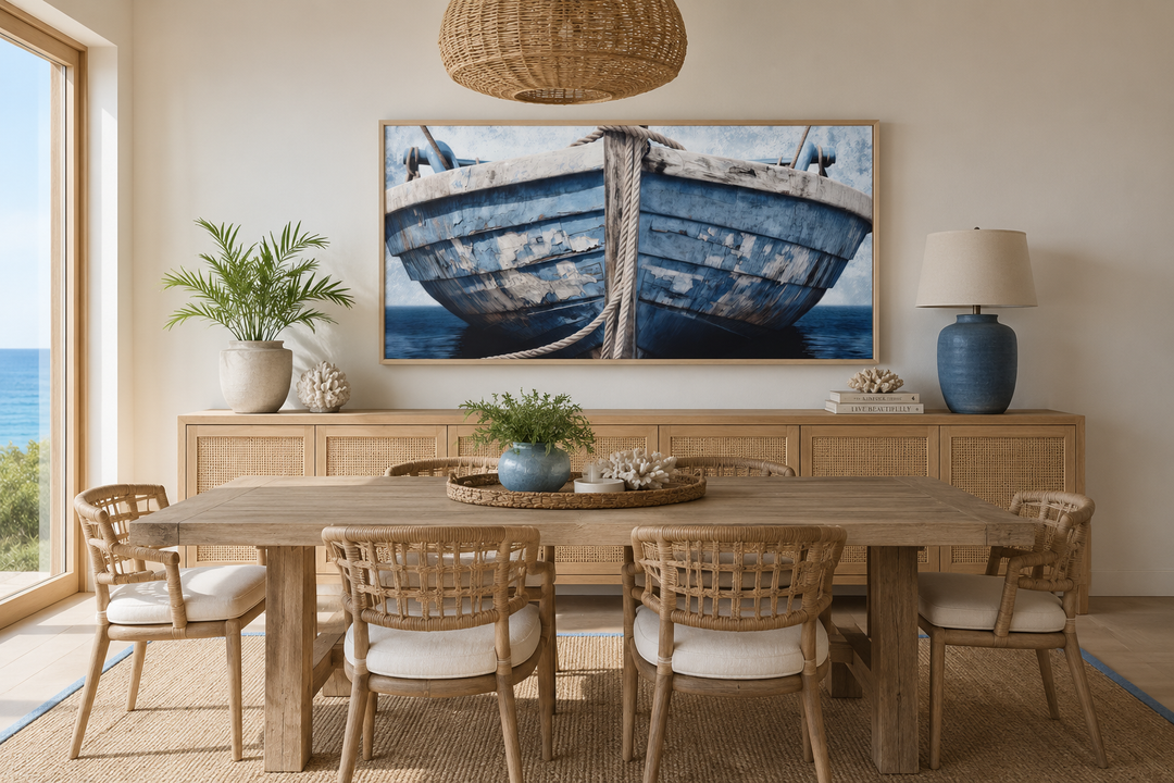 Rustic framed canvas wall art of a weathered blue and white boat in a coastal dining room.