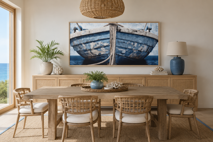 Rustic framed canvas wall art of a weathered blue and white boat in a coastal dining room.
