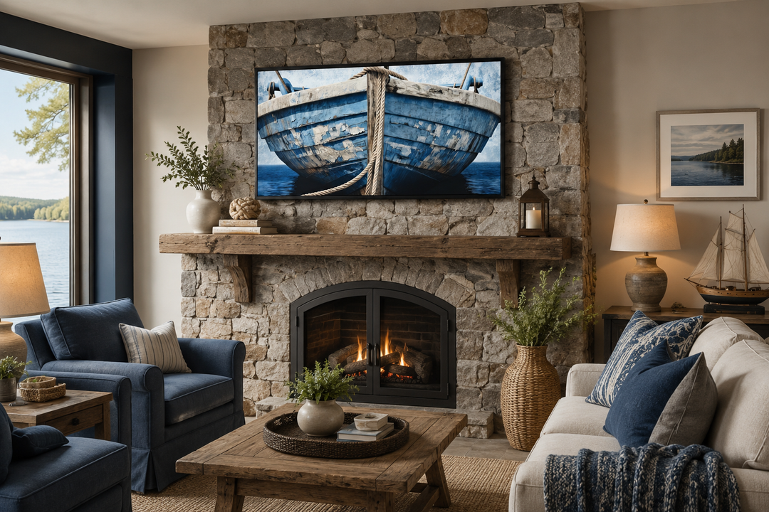 Old blue and white rustic boat nautical framed canvas wall art above a stone fireplace.