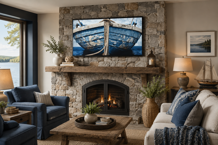 Old blue and white rustic boat nautical framed canvas wall art above a stone fireplace.