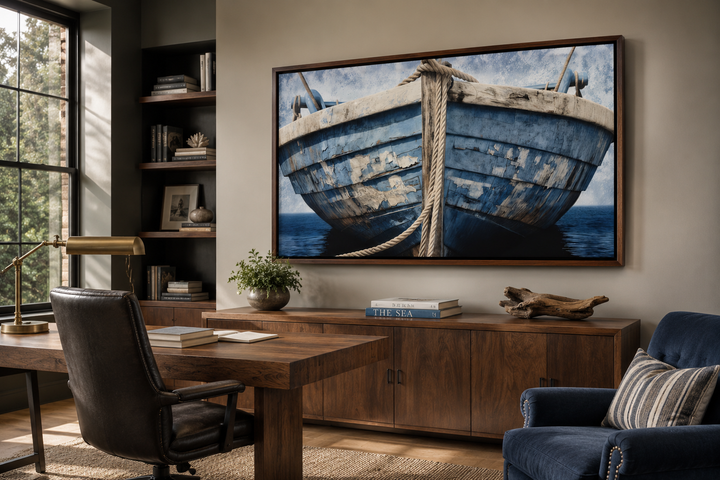 Rustic blue and white boat nautical framed canvas wall art displayed in a coastal-themed office.