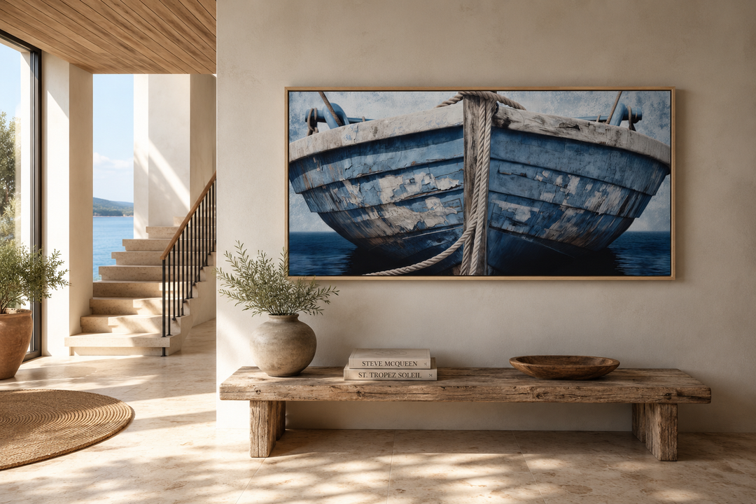 Rustic blue and white boat framed canvas wall art above a wooden bench in a coastal home.