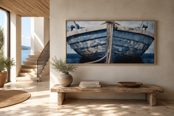 Rustic blue and white boat framed canvas wall art above a wooden bench in a coastal home.