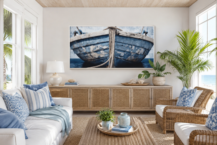 Old blue and white rustic boat nautical framed canvas wall art in a coastal living room setting.