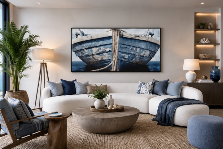 Rustic blue and white boat framed canvas wall art centered above a white sofa in a coastal room.
