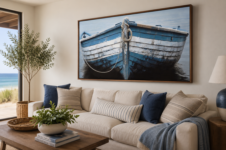 Rustic blue and white boat canvas wall art hanging above a sofa in a coastal living room.