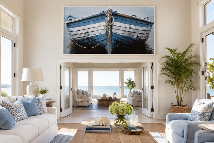Large rustic blue and white boat canvas print hanging in a coastal living room above French doors.