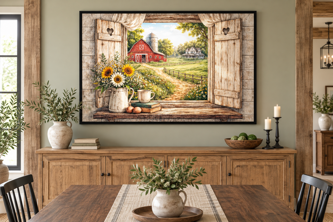 Farmhouse window wall art canvas with a rustic red barn, sunflowers, and a cozy country landscape.