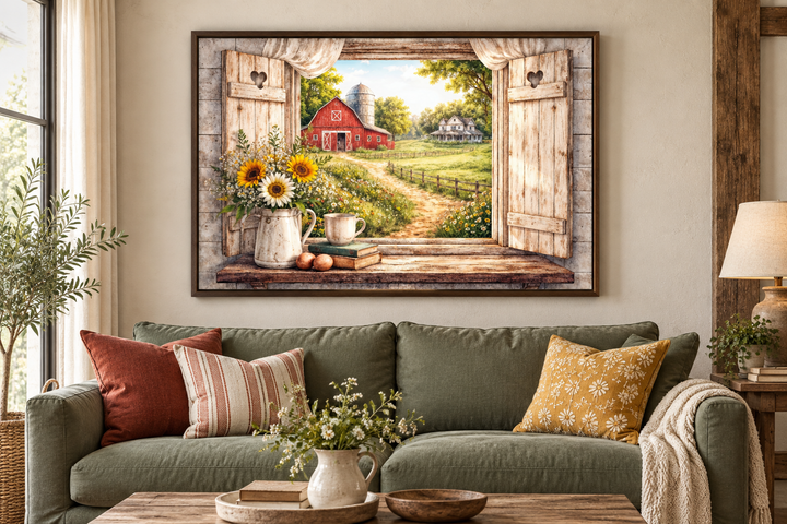 Rustic farmhouse window wall art featuring a red barn and sunflowers above a green sofa.
