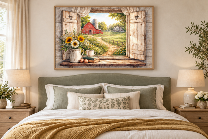 Farmhouse window wall art canvas with a rustic barn landscape above a cozy bed.