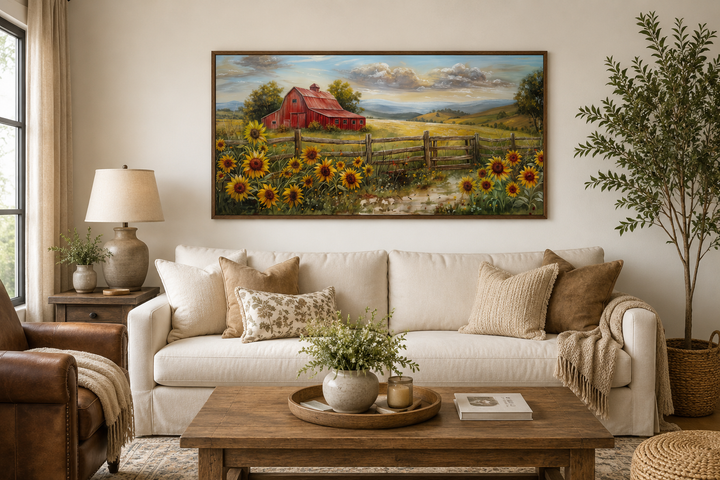 Rustic red barn and sunflower field canvas wall art in a wooden frame above a white sofa.