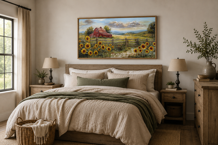 Rustic barn wall art featuring a red barn and sunflower field above a bed in a farmhouse bedroom.
