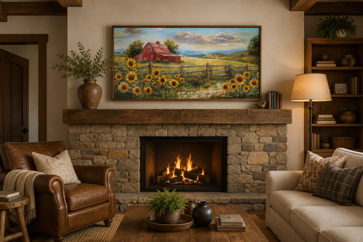 Rustic panoramic canvas print of a red barn and sunflower field above a stone fireplace.