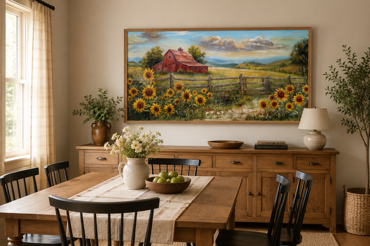 Rustic barn wall art featuring a red barn and sunflower field canvas print in a dining room.