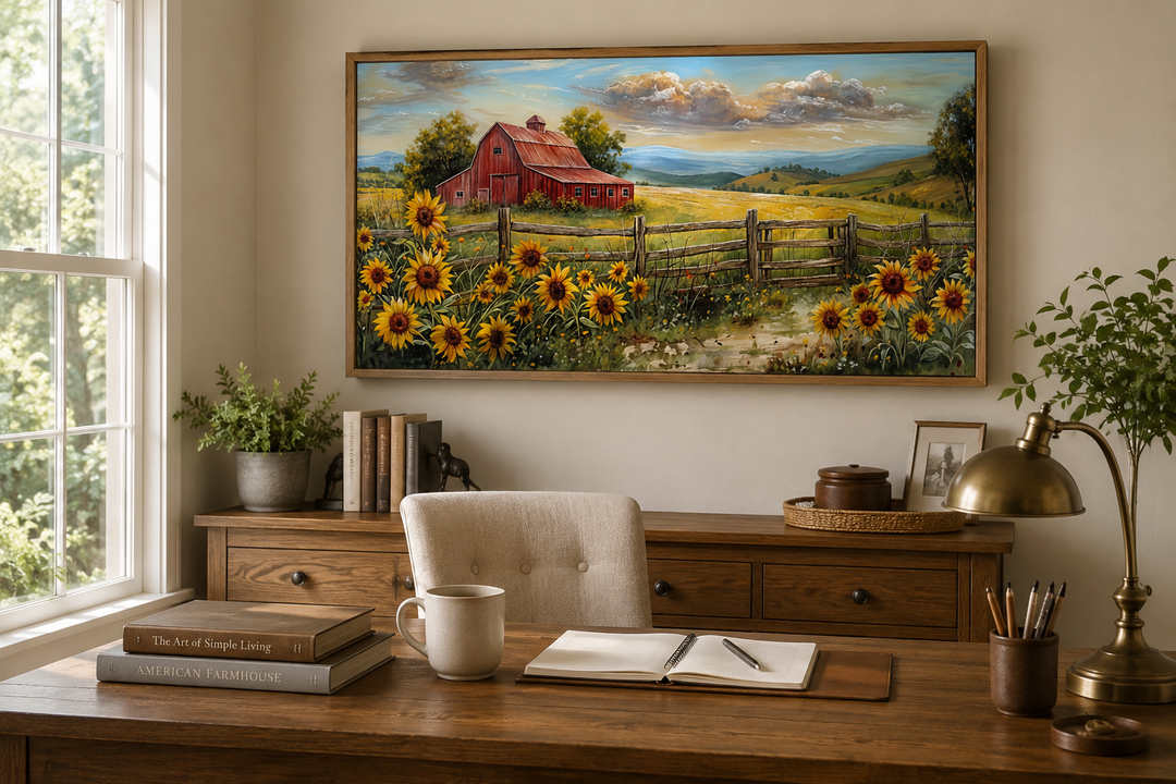 Panoramic rustic red barn and sunflower canvas print in a wooden frame above a home office desk.