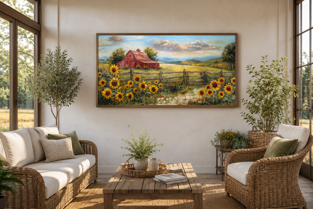 Panoramic rustic red barn and sunflower field canvas print in a wooden frame above a wicker sofa.