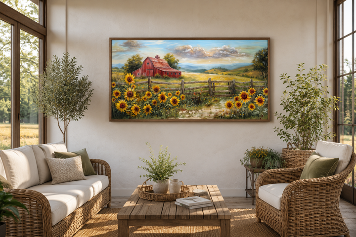 Panoramic rustic red barn and sunflower field canvas print in a wooden frame above a wicker sofa.