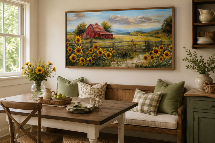 Rustic barn wall art featuring a red barn and sunflower field canvas print in a farmhouse dining room