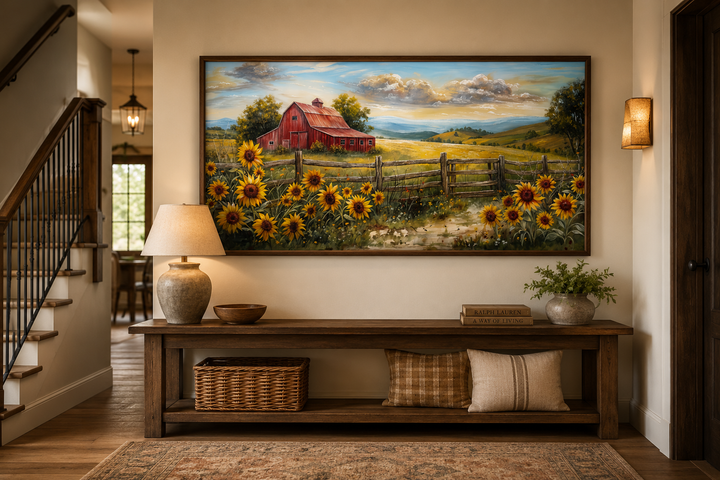 Rustic barn wall art featuring a red barn and sunflower field canvas print in a wooden frame.