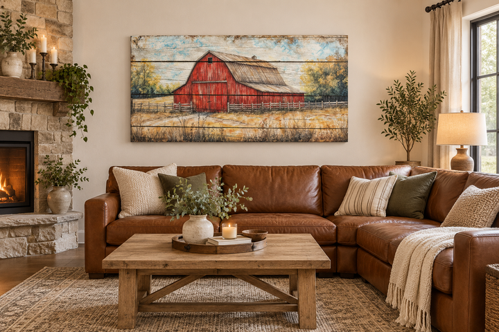 Rustic red barn canvas wall art hanging above a brown leather sofa in a cozy farmhouse living room.