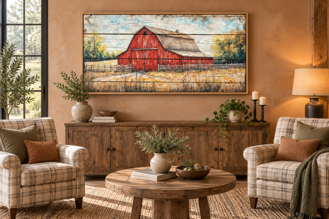 Rustic red barn canvas wall art hanging above a wooden sideboard in a farmhouse-style living room.