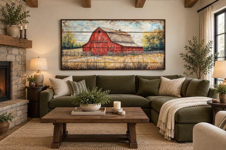 Rustic red barn canvas wall art hanging above a green sectional sofa in a cozy farmhouse living room