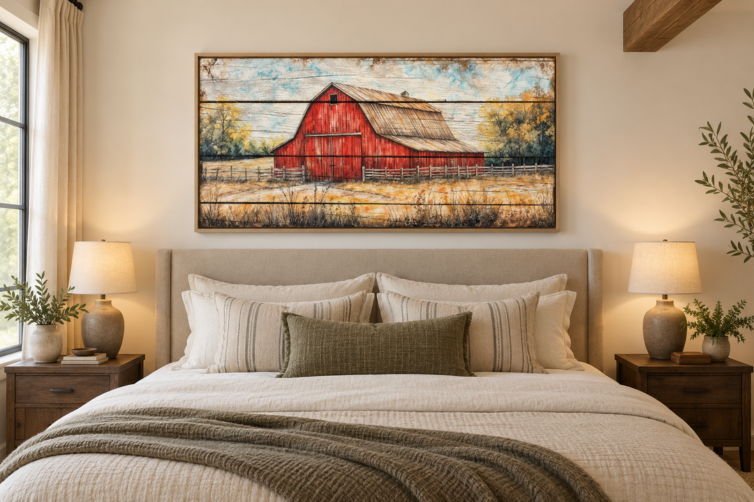 Rustic red barn canvas wall art hanging above a bed in a cozy farmhouse-style bedroom.