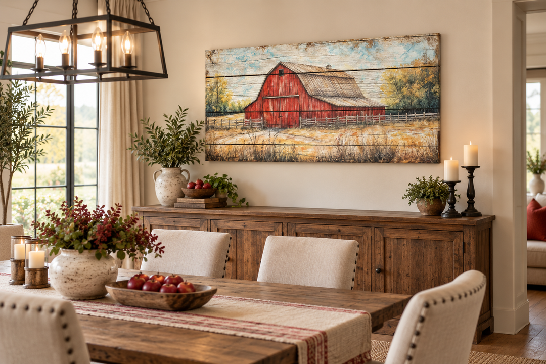 Rustic red barn canvas wall art hanging above a wooden sideboard in a farmhouse dining room.